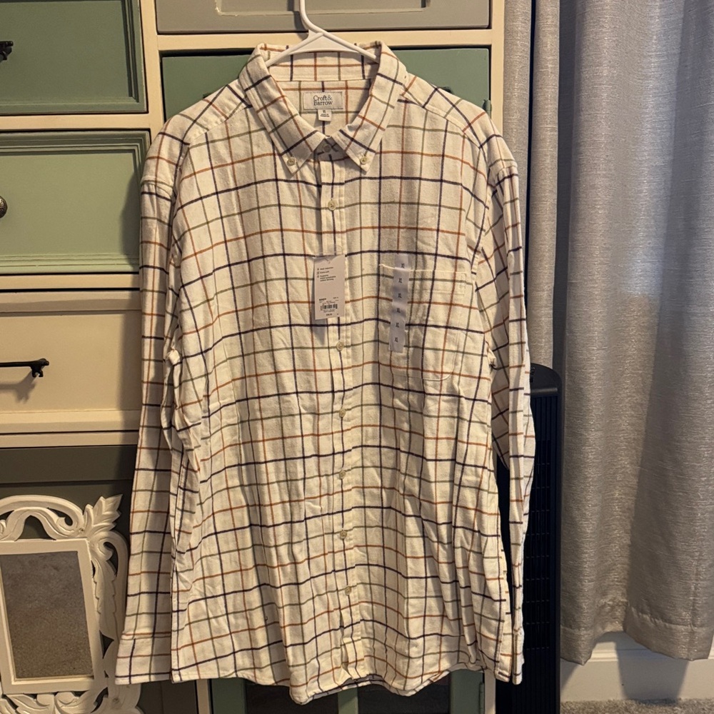 Croft & Barrow White and Brown Plaid Shirt Men’s XL